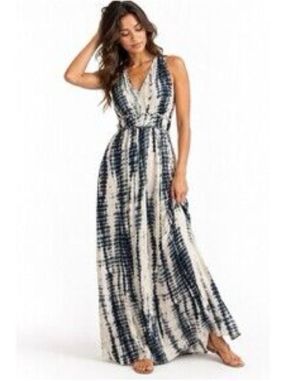 Tie-Dye V‑Neck Navy and White Maxi Dress